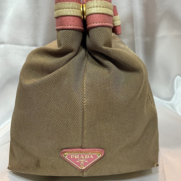 Prada, beige canvas Monogram tote with pink leather bow and trim.  173-H4g - Picture 4 of 15